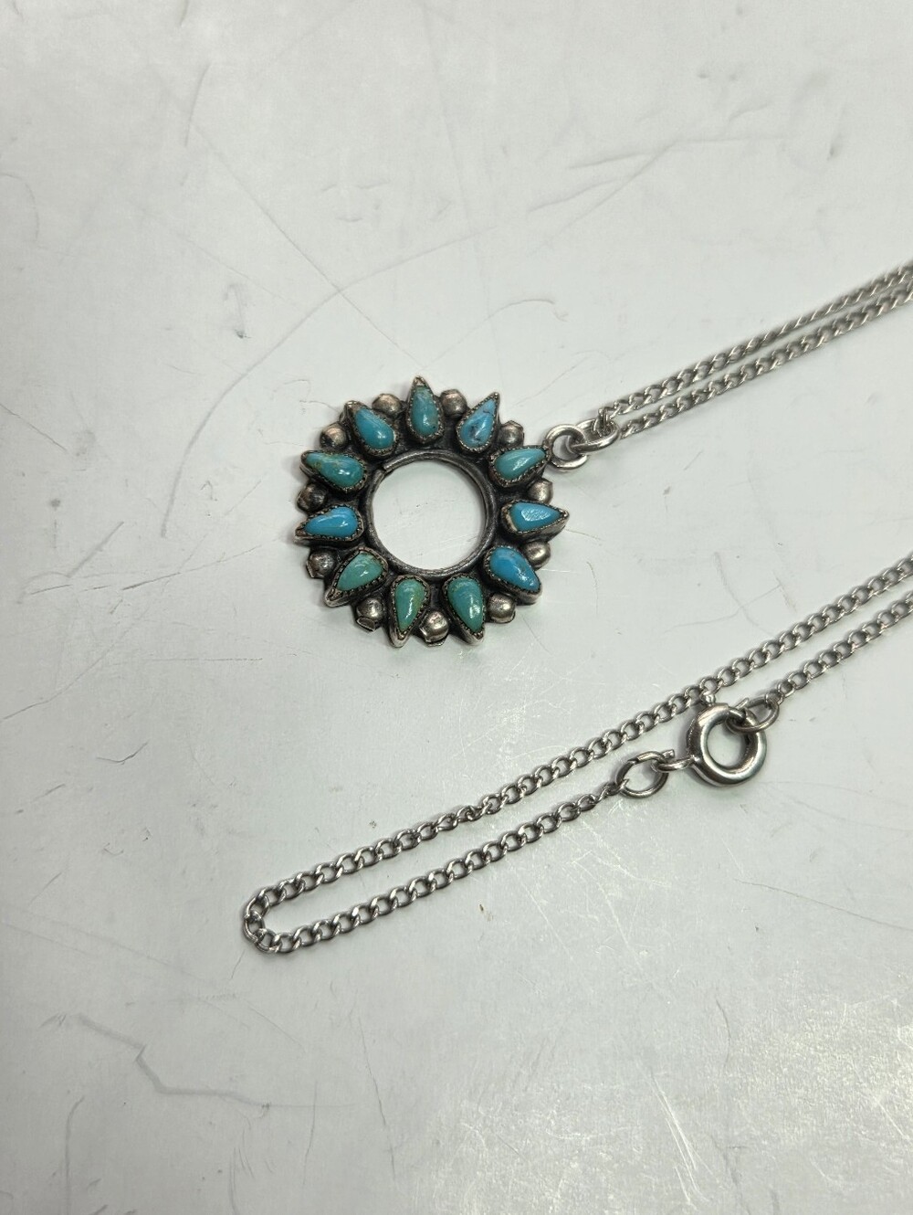 vtg signed native american zuni petitpoint turquoise pendant necklace 925 RUE